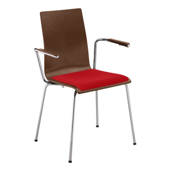 Stacking chair Oslo with armrest and seat upholstery chrome / walnut / red