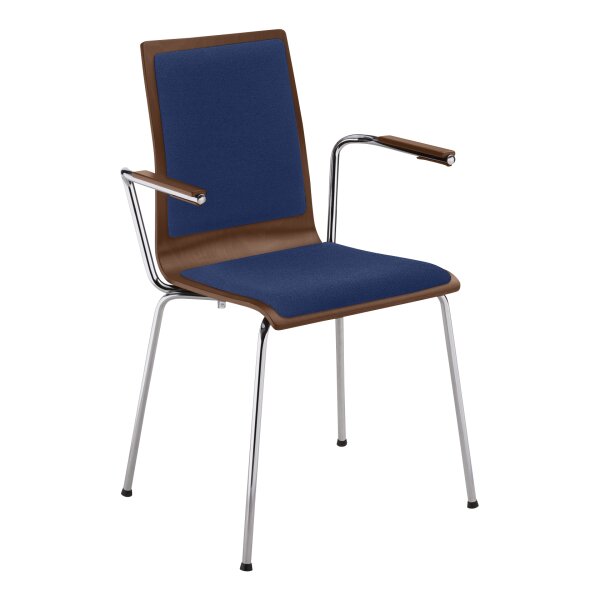 Stacking chair Oslo with armrests and full upholstery chrome / walnut / blue
