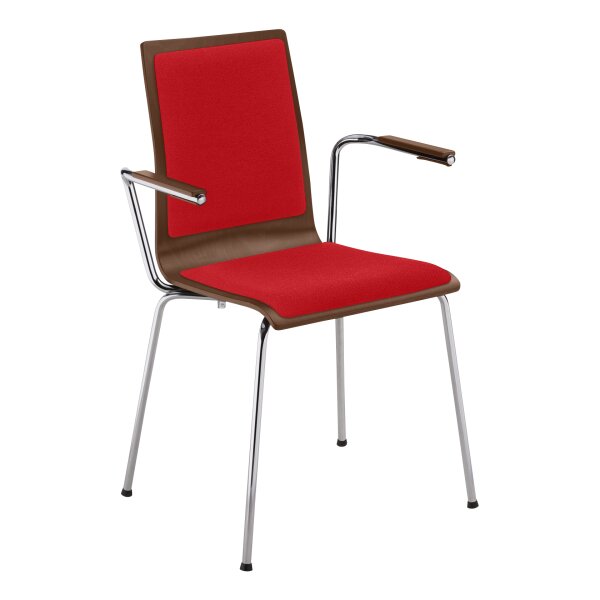 Stacking chair Oslo with armrests and full upholstery chrome / walnut / red