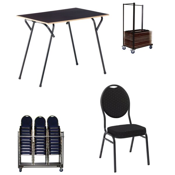 SET seminar table (30 units), TW seminar table (1 unit), banquet chair Lille HS / black with dots (30 units), TW banquet chairs (1 unit)