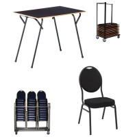 SET seminar table (30 units), TW seminar table (1 unit), banquet chair Lille HS / black with dots (30 units), TW banquet chairs (1 unit)