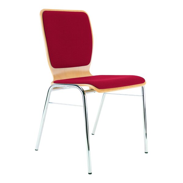 Stacking chair Kiel with fully upholstered chrome / beech / red